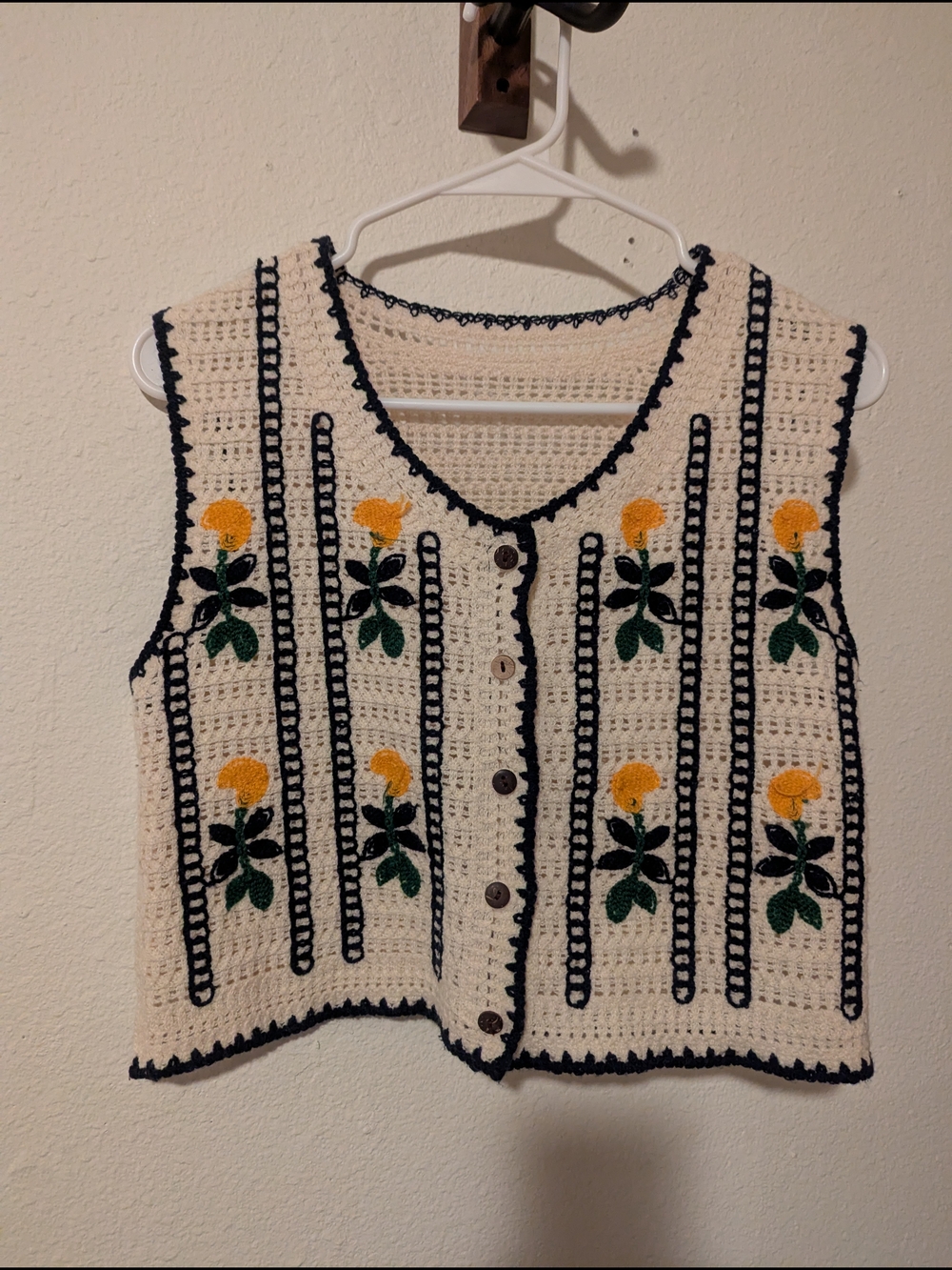Vintage Crochet Button-Up Vest in Cream, Yellow & Green